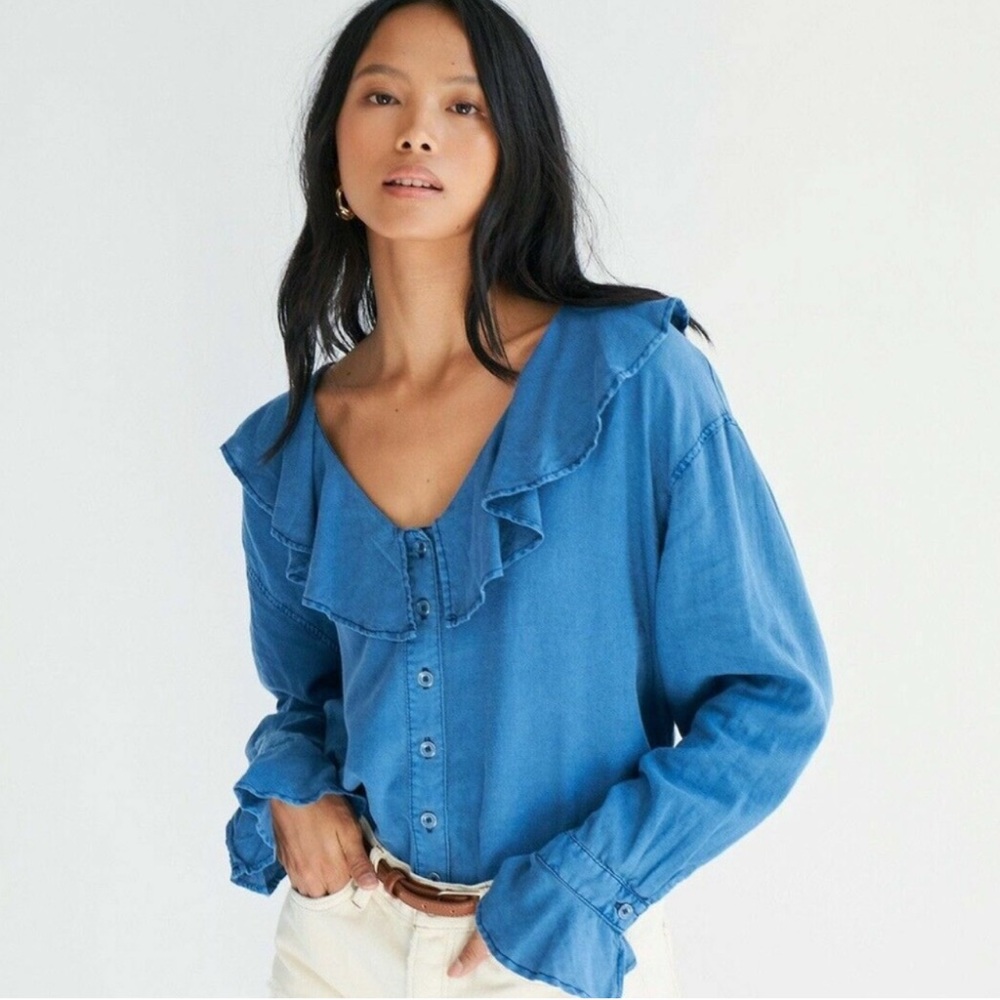 Free People Amber Top Ruffled Button-Up Denim Top Ruffle Neckline and Cuff